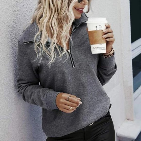 . Tops - Casual Gray Pullover Zip Front detail Sweatshirt top